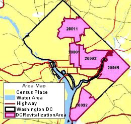 [Area map of five designated revitalization zones.]