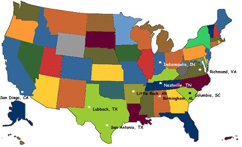 [Graphic: US map with city names and their location indicated by white stars]