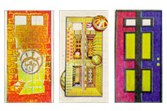 [Photo 4: From this year's doors project - left to right: Peyton Rowe's "Screened Door", Mana Hewitt's "Geometric", Jean Bourque's "Mondrian Door"]