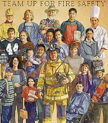 [Photo 2: "Team Up For Fire Safety" poster done in a vintage style.]