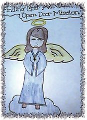 [Photo 1: A child's rendering of a winged angel with a halo.]