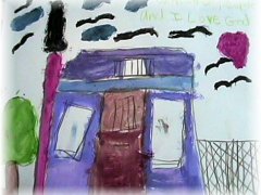 [Photo 5: Child's painting of a home with birds in the sky overhead.]