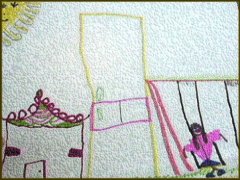 [Photo 2: Child's painting of yellow sun shining on a home.]