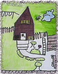 [Photo 3: A child's rendering of a cabin surrounded by green lawns and white picket fences.]