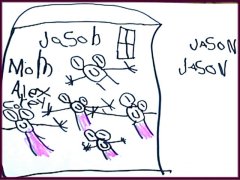[Photo 6: A drawing of a family in a house, with names labeled for each family member.]