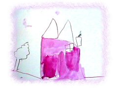 [Photo 1: A child's watercolor painting of a house with sloping roof and a tree in the backyard.]