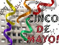 [Image: Ribbons and the words 'Cinco de Mayo!'  superimposed on a photo of HUD's headquarters facade]