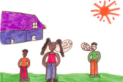 [Image 2: Drawing of children playing in the backyard of their home]