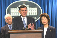 [Photo of Secretary Martinez speaking from the podium between Secretary Chao and director Towey]