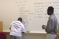 [Photo 2: Instructor Ngoni Chawayipira helping a student in learning the structure of cells]