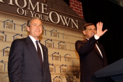[Photo: President Bush and Secretary Martinez in HUD's Atlanta office celebrating  National Homeownership Month.]