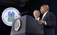 [Photo: Acting Secretary Alphonso Jackson makes some remarks just before President Bush signed the American Dream Downpayment Act]