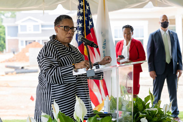 [Secretary Marcia L. Fudge addresses residents and local leaders during a Build Back Better event, held at the Villas at Titusville in Birmingham, Alabama.]