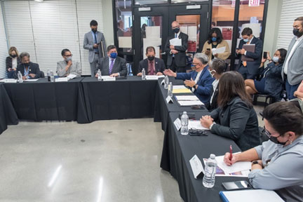 [Secretary Marcia L. Fudge holds a Hispanic Heritage Month roundtable at Casa Queretaro in Chicago, Illinois about how the Build Back Better agenda will support Latino communities. The Secretary is joined by (left to right) Chicago Mayor Lori E. Lightfoot, Governor J.B. Pritzker, U.S. Representative Jesus 'Chuy' Garcia, Resurrection Project CEO Raul Raymundo, and other participants.]