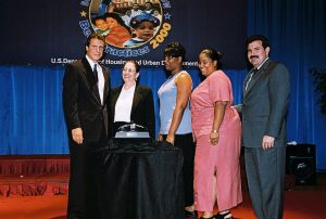 Peggy Shemwell, Sheila Wells & Veronica Stitson receiving award from Secretary Cuomo & Deputy Secretary Ramirez