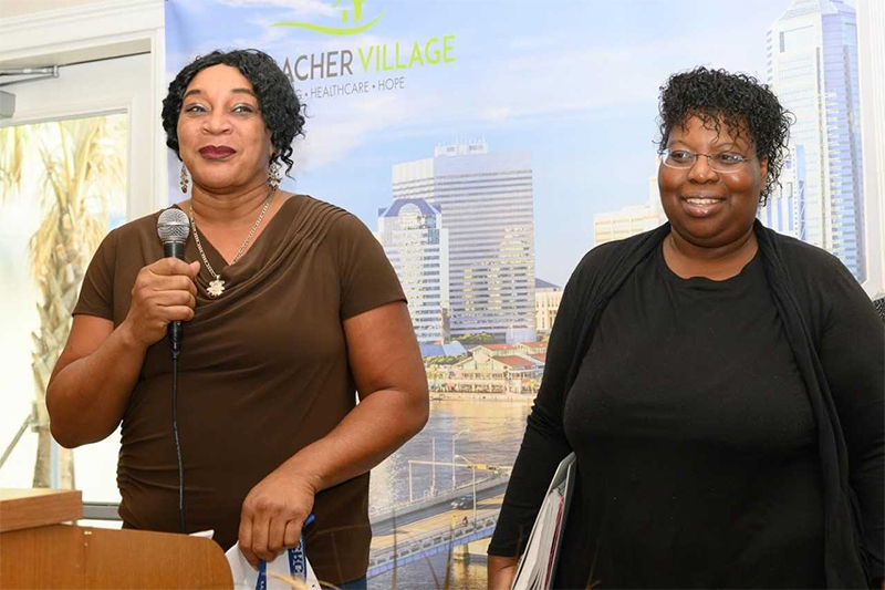 [Residents Ms. Baker and Bessie Ballard shared their life-changing experience of new hope and opportunities after being able to have a place to call home and the services offered at Sulzbacher Village.]