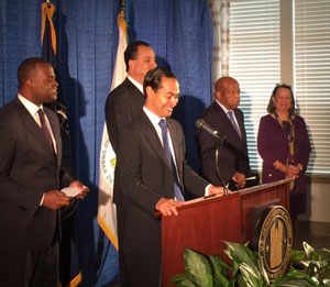 [Photo 1: HUD Secretary Castro announces Atlanta as the $30 million Choice Neighborhood Implementation Grant awardee. From left to right is Mayor Kasim Reed, HUD Secretary Castro, Atlanta Housing Authority (AHA) Board Chairman Dan  Halpern, Congressman John Lewis and interim CEO and President AHA Joy Fitzgerald]