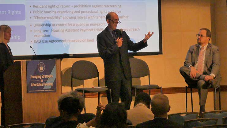 [L-R - Dominique Blom, General Deputy Assistance Secretary Public and Indian Housing; Greg Byrne, Multifamily Housing - Office of Recapitalization, Director Affordable Housing Transactions and Hunter Kurtz, Deputy Assistant Secretary of Public and Indian Housing discuss public housing repositioning.]