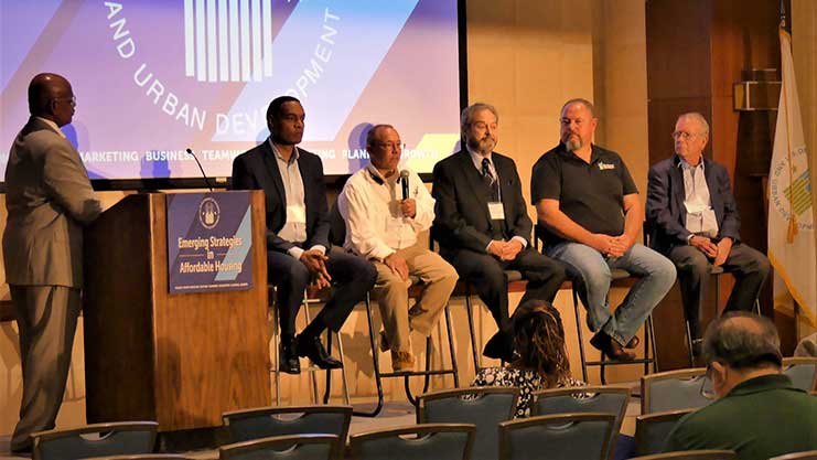 [L-R - Michael Browder, Region IV Deputy Administrator and moderator of the Innovative Housing Panel Discussion; Dr. Troy Nash, Managing Director and Director of Public Sector Consulting Newmark Grubb; Andrew Bennett, Partner, Chief Operations Officer, Core Housing Solutions; Marshall Edwards, Director, Marketing and Communications Strategy and Insights, Duke Energy; Scott Jones, Tiny House Community Development Inc Executive Board Chair and Cecil Phillips, CEO of Place Properties.]