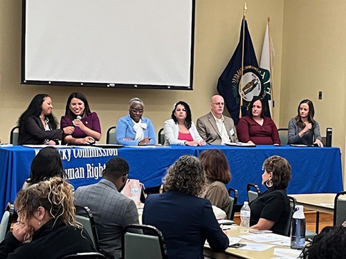 [HUD Southeast Deputy Regional Administrator Tiffany Cobb passes the microphone to Field Policy and Management Senior Advisor Cindy Nava at KY Hispanic, Immigrant and Refugee Networking Summit]