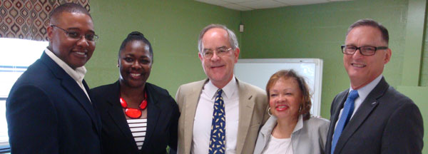 [Photo 2: (Left to right) Will Biggs Metropolitan Development Housing Agency (MDHA), Tosha LeSure HUD Nashville Office, Congressman Jim Cooper, Sernorma Mitchell HUD Field Office Director, Nashville, Jim Harbison (MDHA) Executive Director]