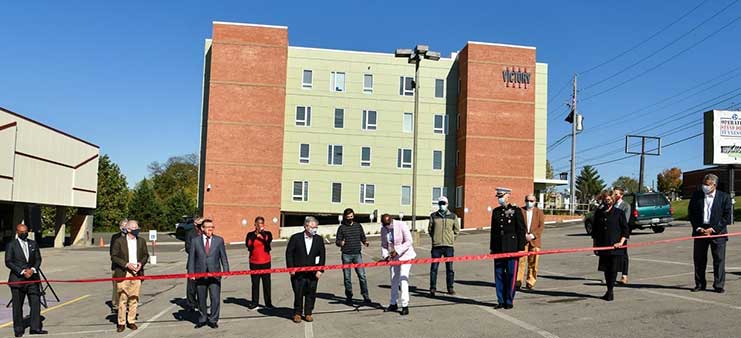 [Curb Victory Hall Ribbon Cutting Ceremony. The U.S. Department of Housing and Urban Development (HUD) Veterans Affairs Supportive Housing (VASH) vouchers are being utilized here to assist homeless Veterans.]