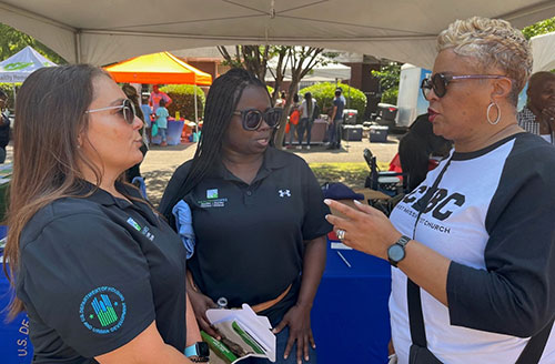 [Michelle Miller, Deputy Director, Office of Lead Hazard Control and Healthy Homes (OLHCHH); Yolanda Brown, Program Manager, OLHCHH, and Rev. Gina Stewart, Pastor, Christ Missionary Baptist Church, discuss the importance of an informed community on lead-based paint hazards for homes in Memphis built prior to 1978.]