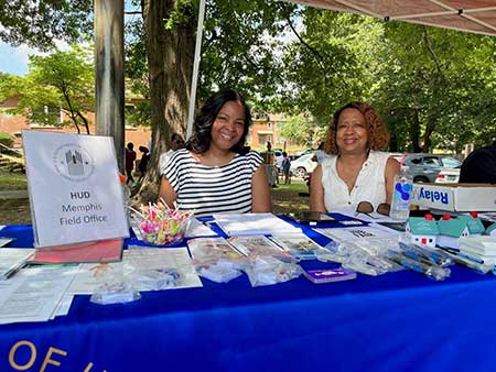 [HUD's Michelle McCarroll (FPM) and Demetra Daniel (PIH) teamed up to staff the Jackson Housing Authority's Family Empowerment Expo in Jackson Tennessee on behalf of the Memphis Field Office. The event enabled information to be shared with the Allenton Heights community on the Affordable Connectivity Program.]