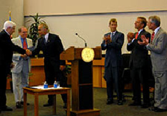 [Photo: Mr. Hobbs, Dr. Pelot, Director Mangano, 10-Year Plan Director Lawler, Knoxville Mayor Haslam, and Knox County Mayor Ragsdale]