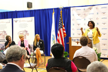 [FTW EnVision Center Coordinator Suzanne Richards tells the audience about upcoming EC events and training]