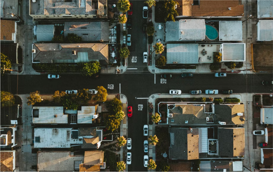 Aerial view of a street corner and rooftops Aerial view of a street corner and rooftops